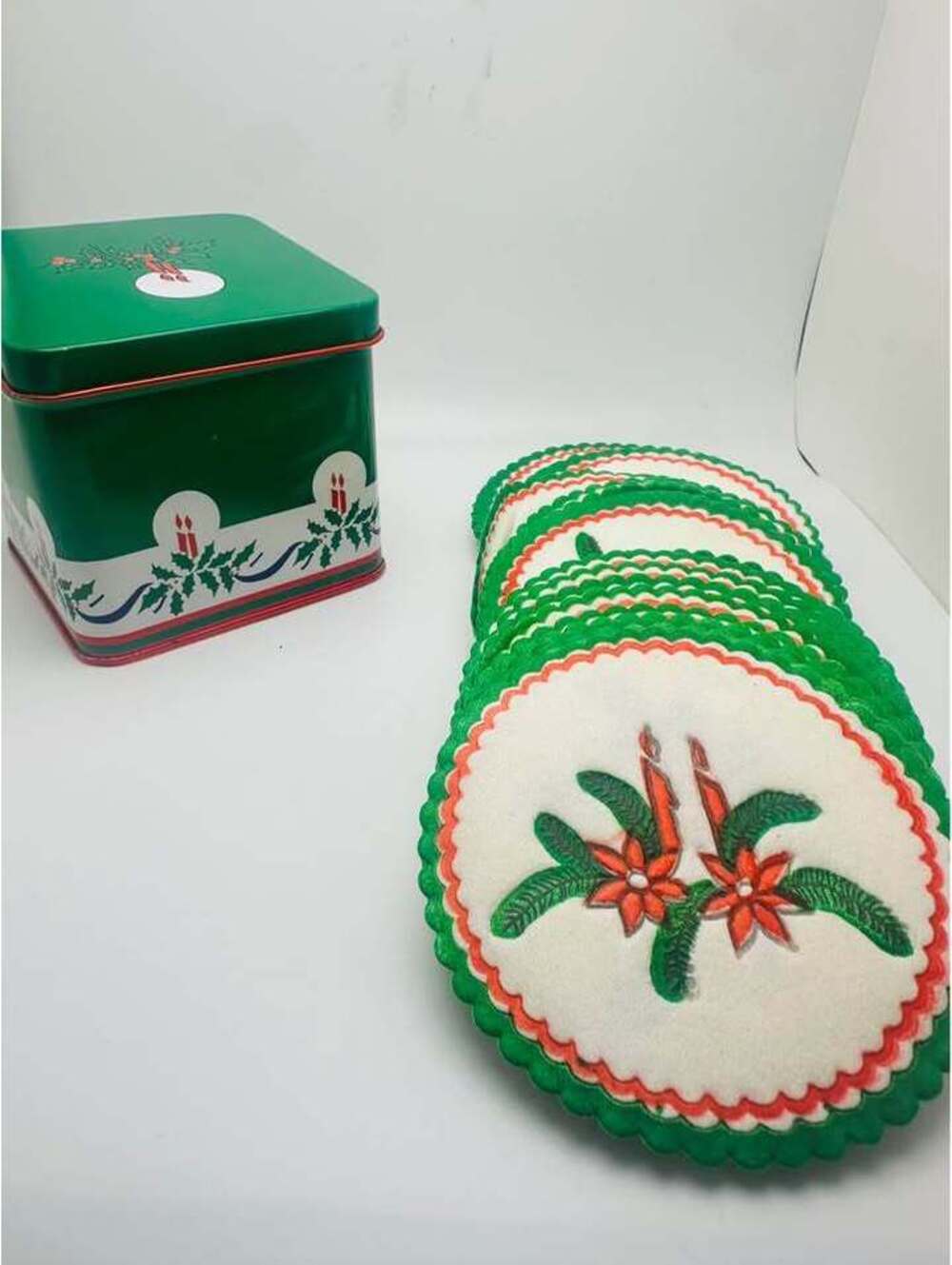 Vintage 1985 Interpur Christmas Coasters with Tin